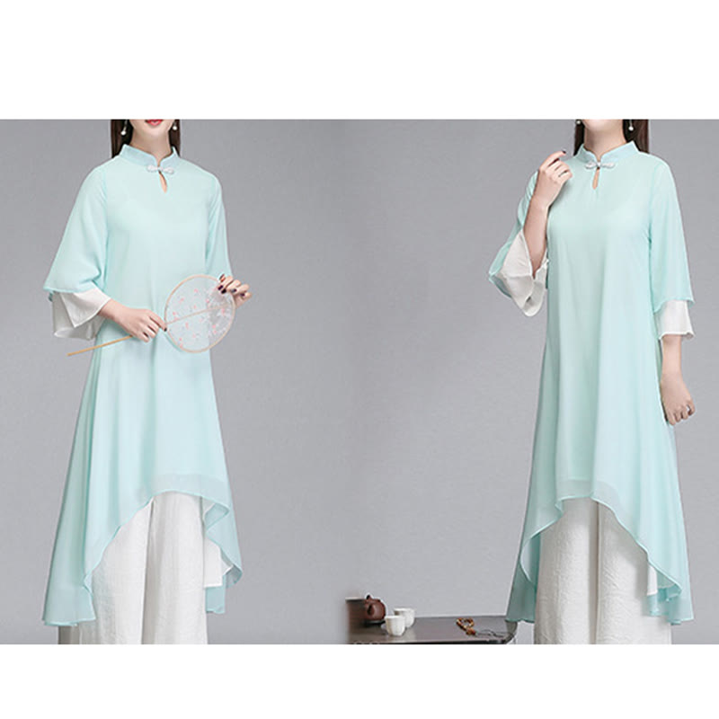 Buddha Stones無地 レディース 七分袖 シフォン イレギュラー シャツドレス ワイドレッグパンツ 瞑想服