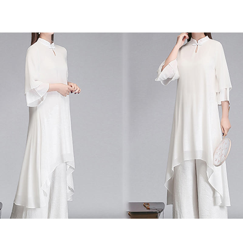 Buddha Stones無地 レディース 七分袖 シフォン イレギュラー シャツドレス ワイドレッグパンツ 瞑想服