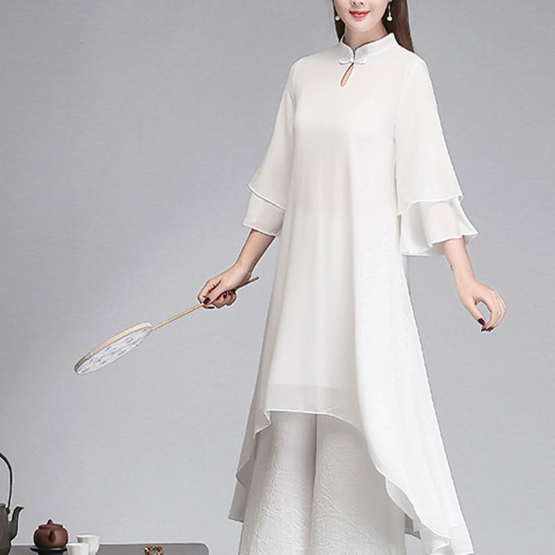 Buddha Stones無地 レディース 七分袖 シフォン イレギュラー シャツドレス ワイドレッグパンツ 瞑想服