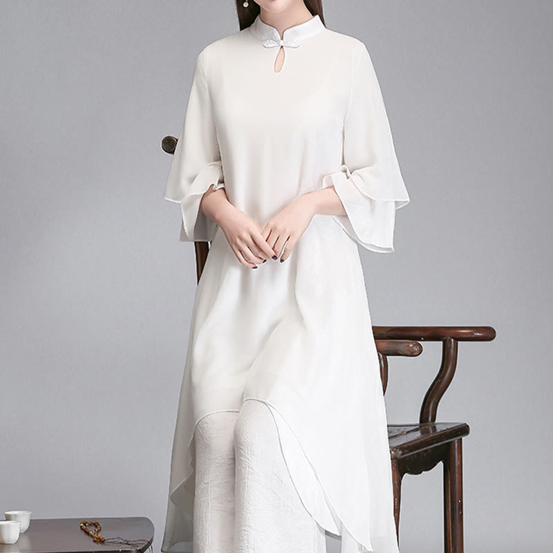 Buddha Stones無地 レディース 七分袖 シフォン イレギュラー シャツドレス ワイドレッグパンツ 瞑想服