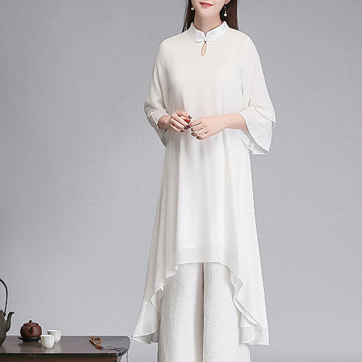 Buddha Stones無地 レディース 七分袖 シフォン イレギュラー シャツドレス ワイドレッグパンツ 瞑想服