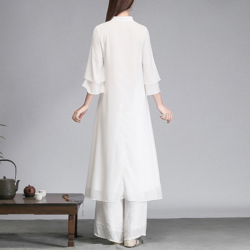 Buddha Stones無地 レディース 七分袖 シフォン イレギュラー シャツドレス ワイドレッグパンツ 瞑想服