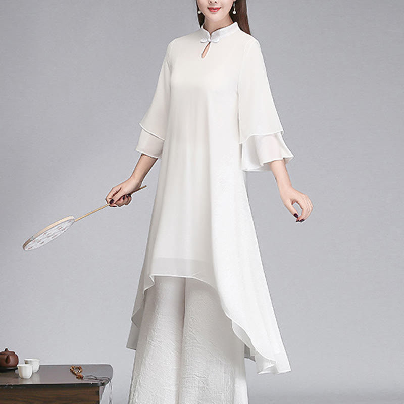 Buddha Stones無地 レディース 七分袖 シフォン イレギュラー シャツドレス ワイドレッグパンツ 瞑想服
