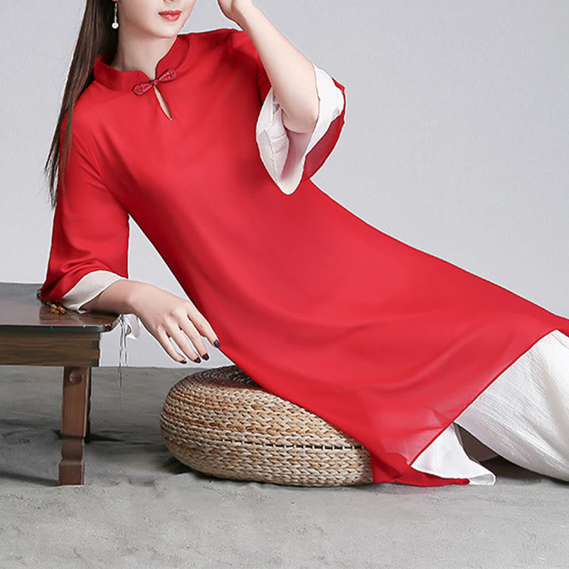Buddha Stones無地 レディース 七分袖 シフォン イレギュラー シャツドレス ワイドレッグパンツ 瞑想服