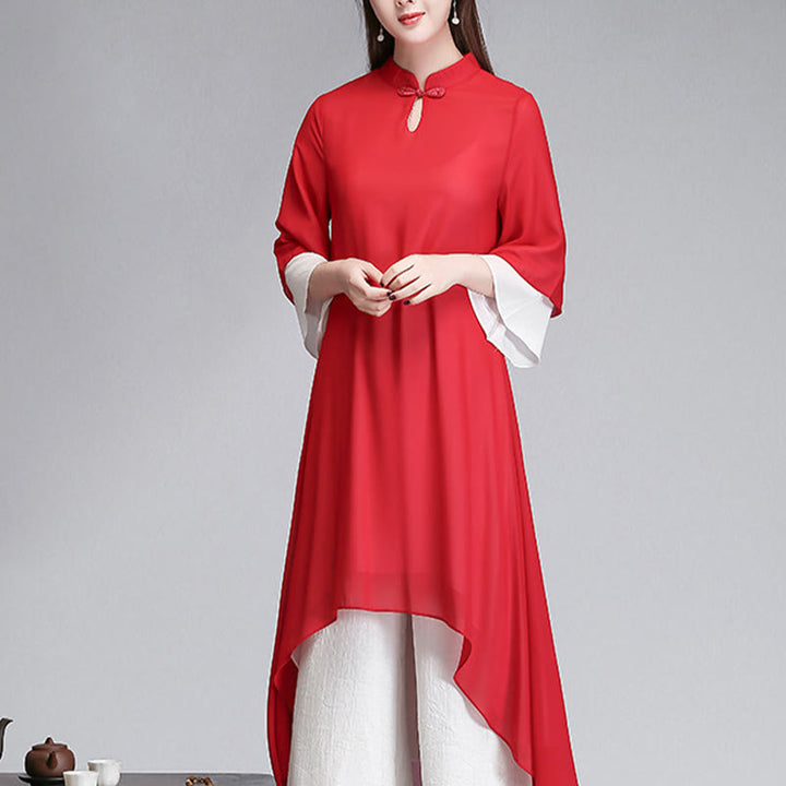 Buddha Stones無地 レディース 七分袖 シフォン イレギュラー シャツドレス ワイドレッグパンツ 瞑想服