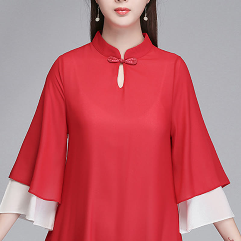 Buddha Stones無地 レディース 七分袖 シフォン イレギュラー シャツドレス ワイドレッグパンツ 瞑想服