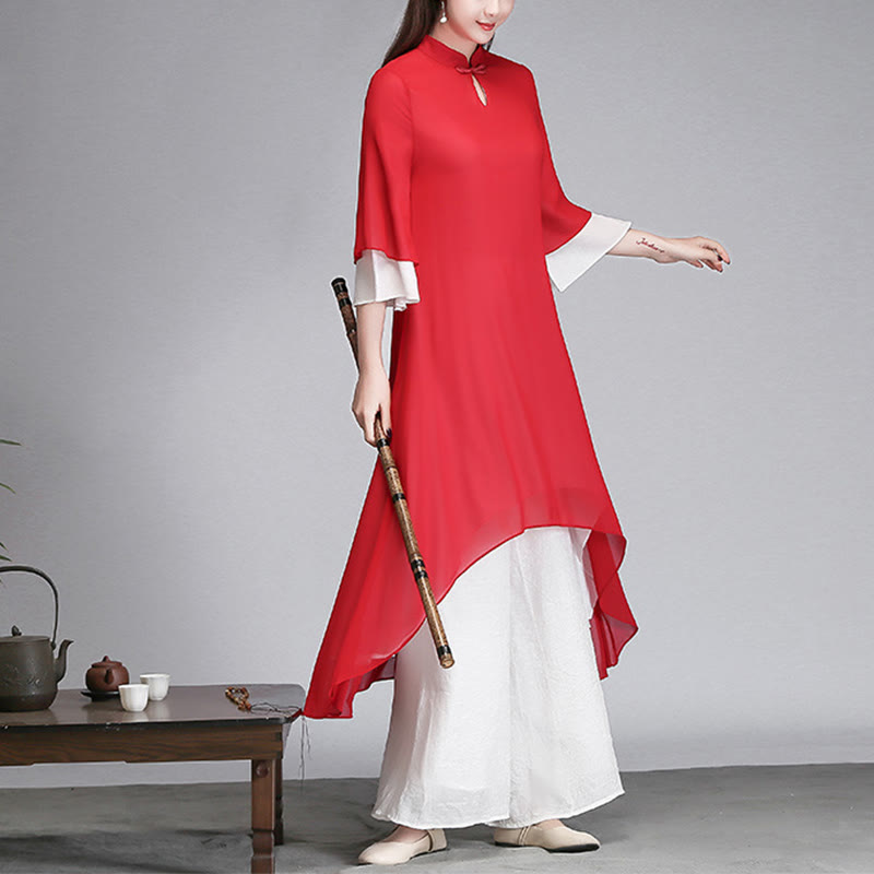 Buddha Stones無地 レディース 七分袖 シフォン イレギュラー シャツドレス ワイドレッグパンツ 瞑想服