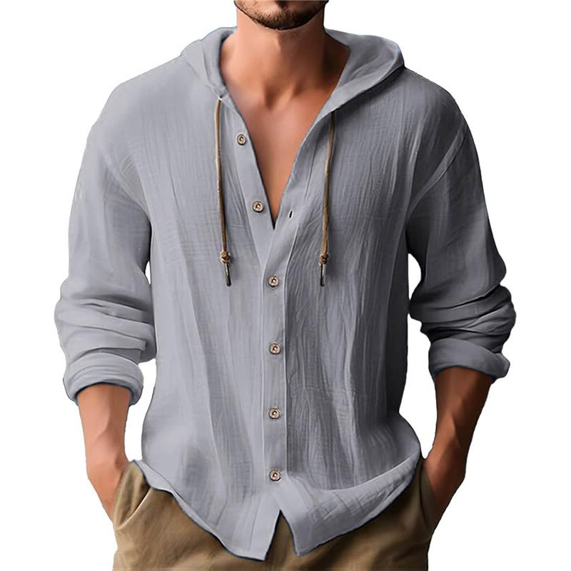 Buddha Stones無地 長袖 フード付き ドローストリング ボタン リネン メンズ シャツ - ダークグレー - US/UK/AU44、 EU54 (3XL) - image 11