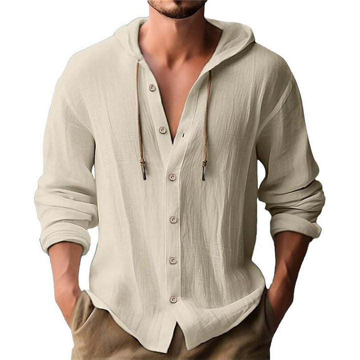 Buddha Stones無地 長袖 フード付き ドローストリング ボタン リネン メンズ シャツ - ベージュ - US/UK/AU44、 EU54 (3XL) - image 25