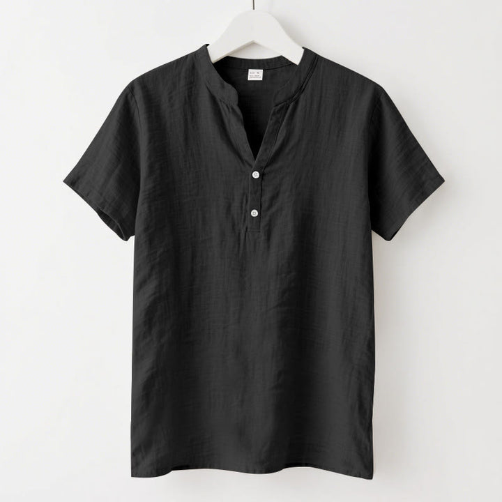 Buddha Stones無地 夏 半袖 ハーフボタン リネン メンズシャツ - 黒 - US/UK/AU46、 EU56 (3XL) - image 1