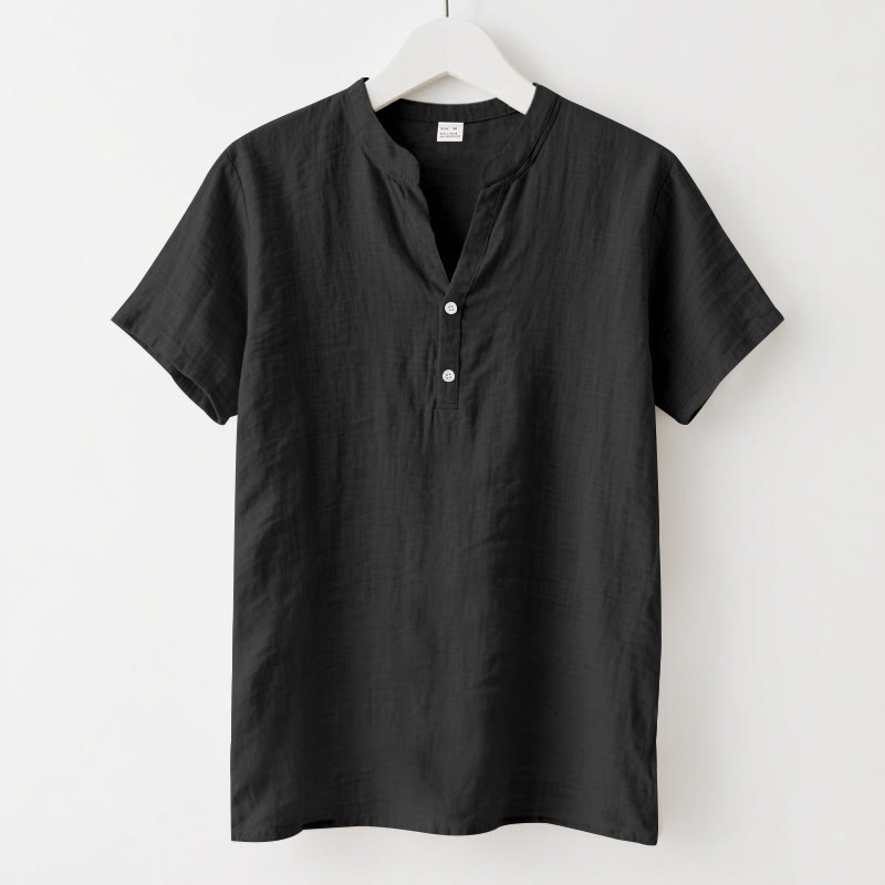 Buddha Stones無地 夏 半袖 ハーフボタン リネン メンズシャツ - 黒 - US/UK/AU46、 EU56 (3XL) - image 0