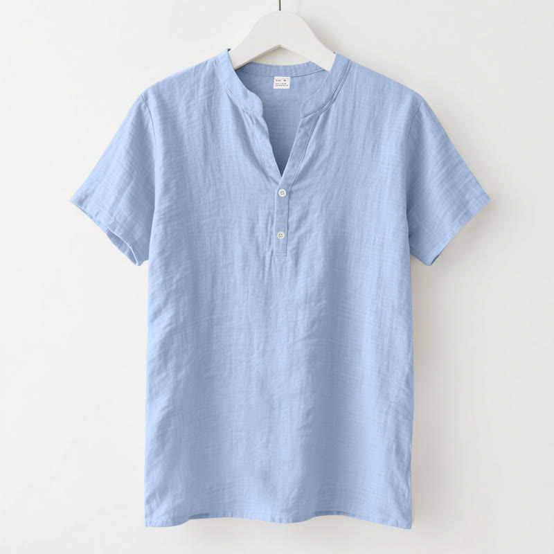 Buddha Stones無地 夏 半袖 ハーフボタン リネン メンズシャツ - ライトスカイブルー - US/UK/AU46、 EU56 (3XL) - image 18