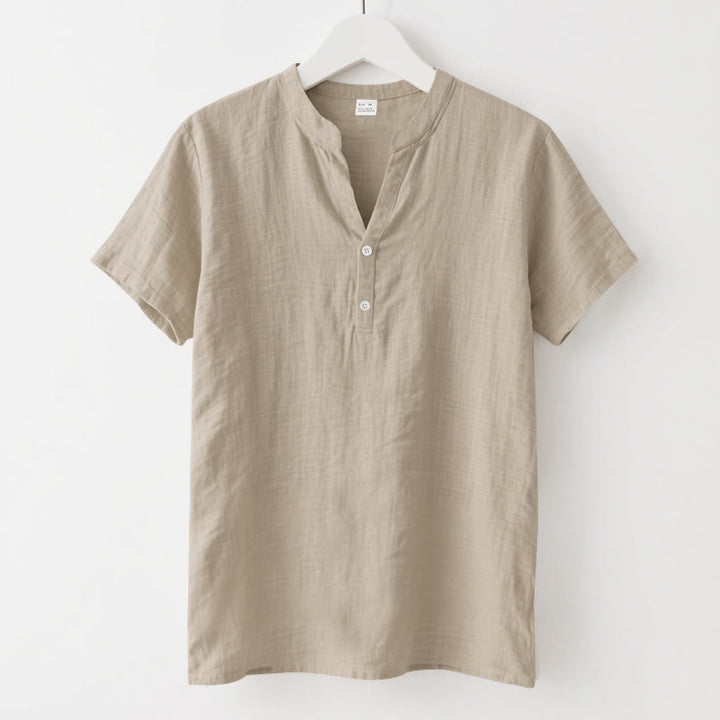 Buddha Stones無地 夏 半袖 ハーフボタン リネン メンズシャツ - 小麦 - US/UK/AU46、 EU56 (3XL) - image 13