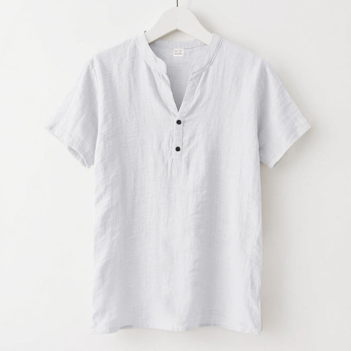 Buddha Stones無地 夏 半袖 ハーフボタン リネン メンズシャツ - 白 - US/UK/AU46、 EU56 (3XL) - image 7