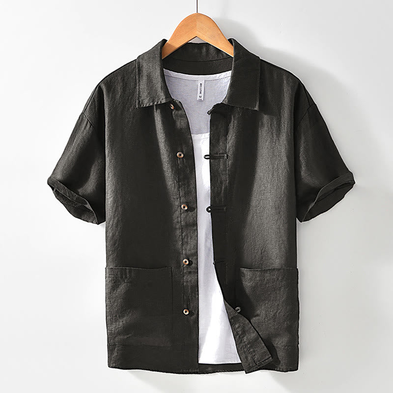 Buddha Stones無地 夏 半袖 ボタン リネン メンズ シャツ ポケット付き - ディムグレー - US/UK/AU42、 EU52 (3XL) - image 21