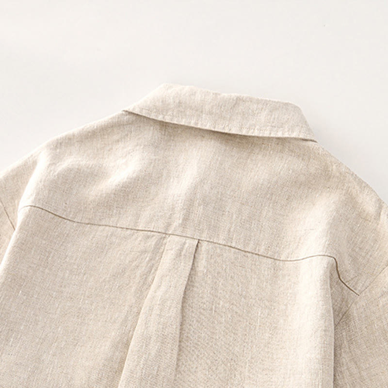 Buddha Stones無地 夏 半袖 ボタン リネン メンズ シャツ ポケット付き - image 3