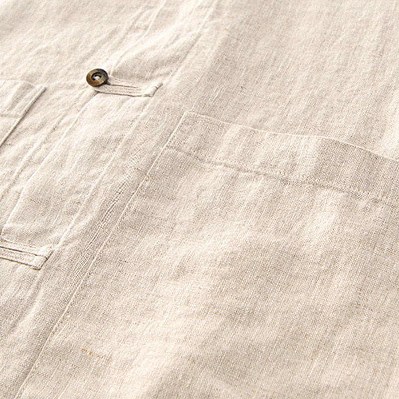 Buddha Stones無地 夏 半袖 ボタン リネン メンズ シャツ ポケット付き - image 5