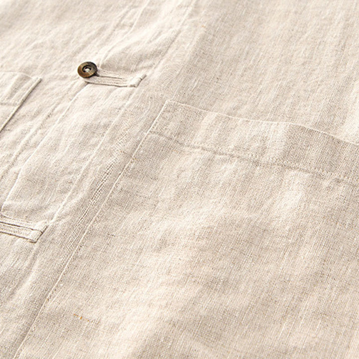 Buddha Stones無地 夏 半袖 ボタン リネン メンズ シャツ ポケット付き - image 5