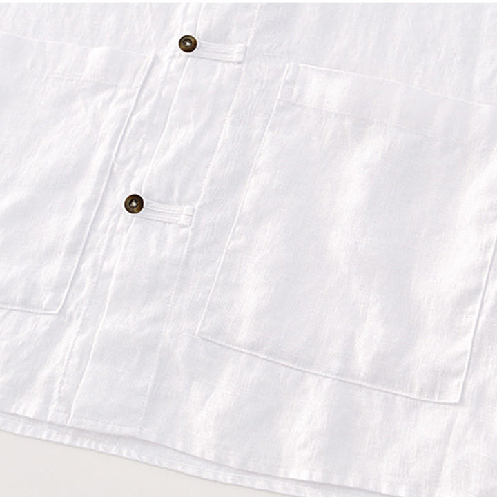 Buddha Stones無地 夏 半袖 ボタン リネン メンズ シャツ ポケット付き - image 12