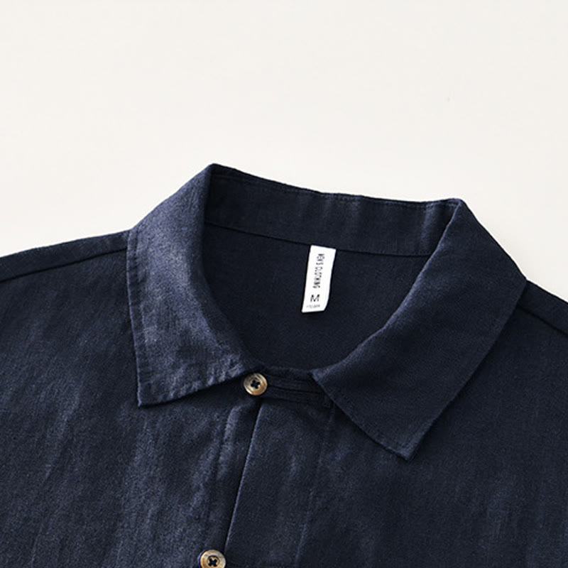 Buddha Stones無地 夏 半袖 ボタン リネン メンズ シャツ ポケット付き - image 16