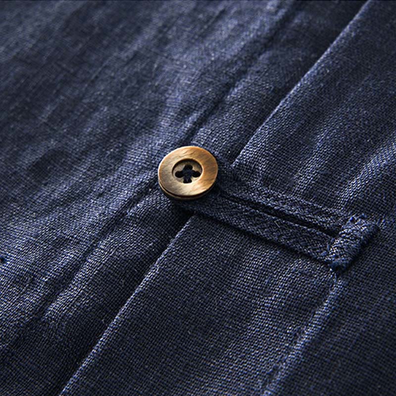 Buddha Stones無地 夏 半袖 ボタン リネン メンズ シャツ ポケット付き - image 18