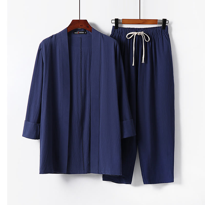 Buddha Stonesコットン着物 アンクル丈パンツ メンズ 瞑想用 布セット 2点セット - スティールブルー - US/UK/AU54、 EU64 (9XL) - image 14