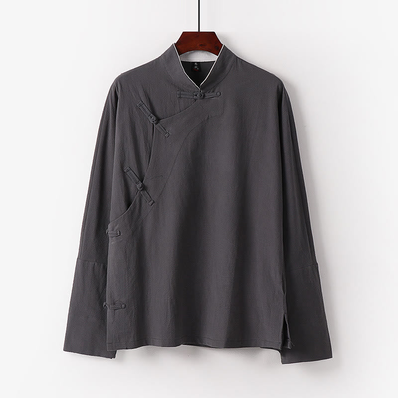 Buddha Stonesヴィンテージプレーンチャイニーズフロッグボタンコットン長袖メンズシャツ - ライトグレー - US/UK/AU50、 EU60 (7XL) - image 2