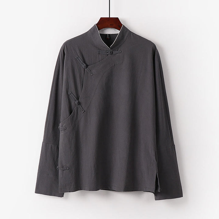 Buddha Stonesヴィンテージプレーンチャイニーズフロッグボタンコットン長袖メンズシャツ - ライトグレー - US/UK/AU50、 EU60 (7XL) - image 3