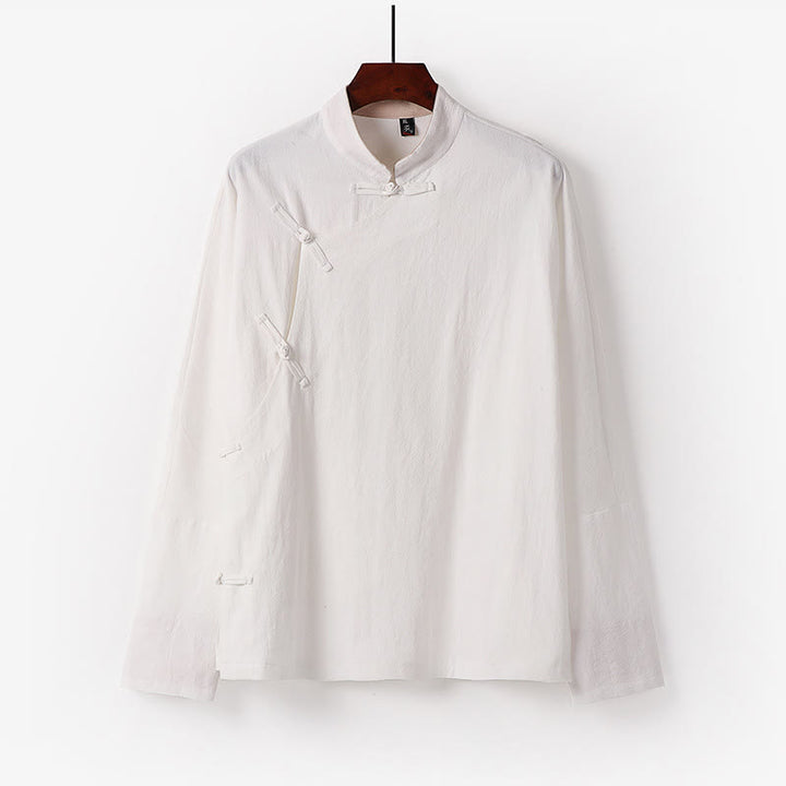 Buddha Stonesヴィンテージプレーンチャイニーズフロッグボタンコットン長袖メンズシャツ - 白 - US/UK/AU50、 EU60 (7XL) - image 1