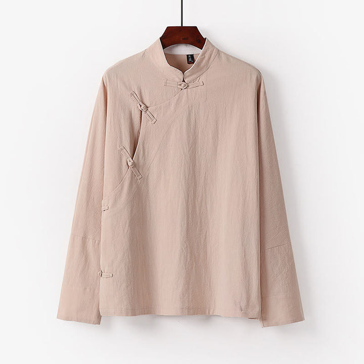 Buddha Stonesヴィンテージプレーンチャイニーズフロッグボタンコットン長袖メンズシャツ - 小麦 - US/UK/AU50、 EU60 (7XL) - image 4