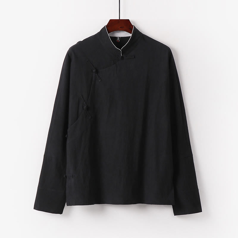 Buddha Stonesヴィンテージプレーンチャイニーズフロッグボタンコットン長袖メンズシャツ - 黒 - US/UK/AU50、 EU60 (7XL) - image 4