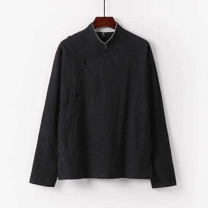 Buddha Stonesヴィンテージプレーンチャイニーズフロッグボタンコットン長袖メンズシャツ - 黒 - US/UK/AU50、 EU60 (7XL) - image 4