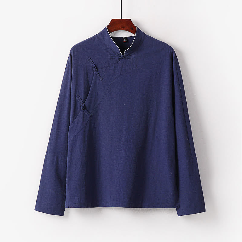 Buddha Stonesヴィンテージプレーンチャイニーズフロッグボタンコットン長袖メンズシャツ - スティールブルー - US/UK/AU50、 EU60 (7XL) - image 0