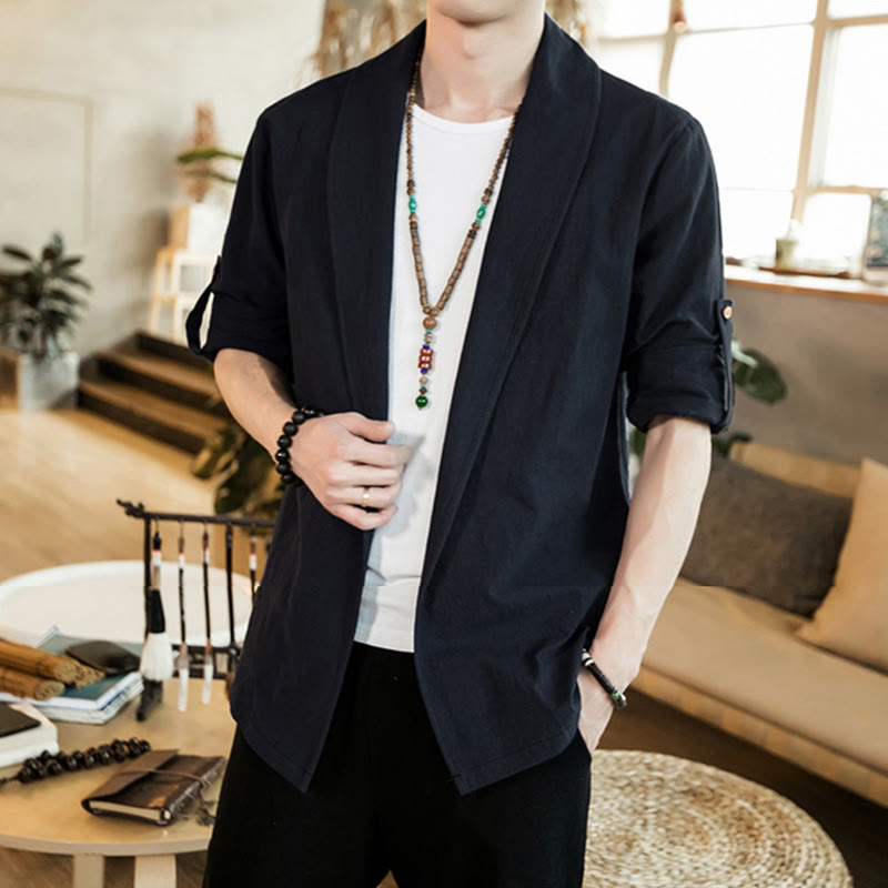 Buddha Stonesヴィンテージ プレーンラペル オープンフロントジャケット コットン メンズ 着物 - 黒 - US/UK/AU46、 EU56 (5XL) - image 16