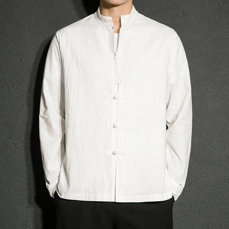 Buddha Stones無地 ジッパー 中国風 カエルボタン コットン 長袖 メンズシャツ - 白 - US/UK/AU46、 EU56 (5XL) - image 9