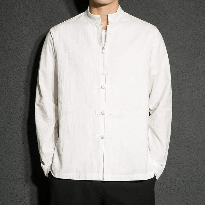 Buddha Stones無地 ジッパー 中国風 カエルボタン コットン 長袖 メンズシャツ - 白 - US/UK/AU46、 EU56 (5XL) - image 9