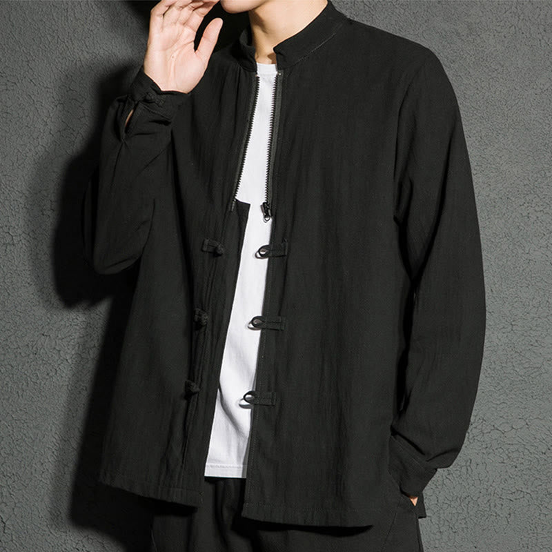 Buddha Stones無地 ジッパー 中国風 カエルボタン コットン 長袖 メンズシャツ - 黒 - US/UK/AU46、 EU56 (5XL) - image 1