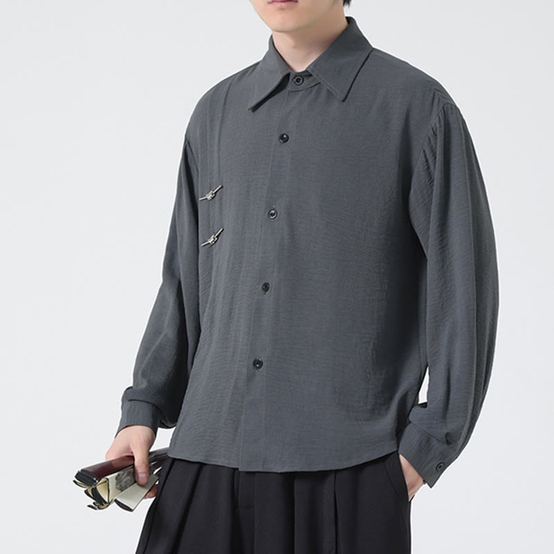 Buddha Stones無地ボタン スタンドカラー 長袖 メンズ コットンシャツ - image 7