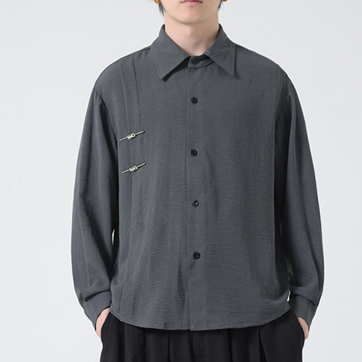 Buddha Stones無地ボタン スタンドカラー 長袖 メンズ コットンシャツ - image 6