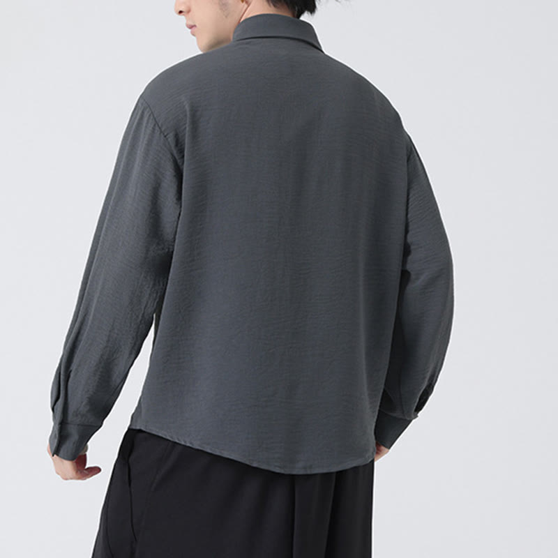 Buddha Stones無地ボタン スタンドカラー 長袖 メンズ コットンシャツ - image 4