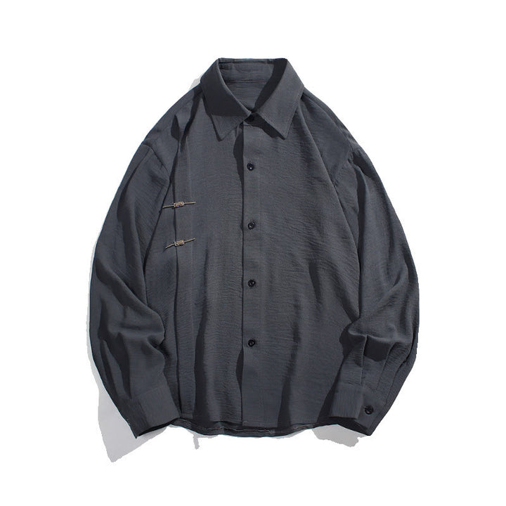 Buddha Stones無地ボタン スタンドカラー 長袖 メンズ コットンシャツ - image 8