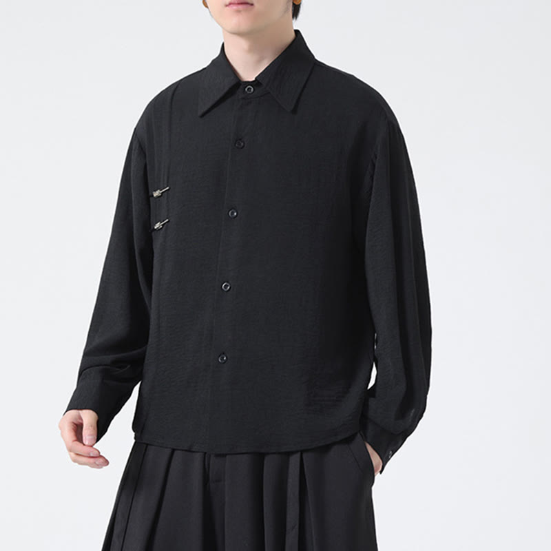 Buddha Stones無地ボタン スタンドカラー 長袖 メンズ コットンシャツ - image 18