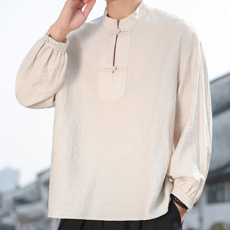 Buddha Stones2つのカエルボタン スタンドカラー 長袖 メンズ コットンシャツ - リネン - US/UK/AU48、 EU58(5XL) - image 11