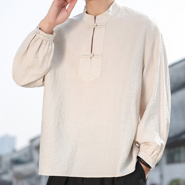 Buddha Stones2つのカエルボタン スタンドカラー 長袖 メンズ コットンシャツ - リネン - US/UK/AU48、 EU58(5XL) - image 11