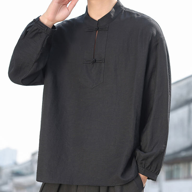 Buddha Stones2つのカエルボタン スタンドカラー 長袖 メンズ コットンシャツ - 黒 - US/UK/AU48、 EU58(5XL) - image 1