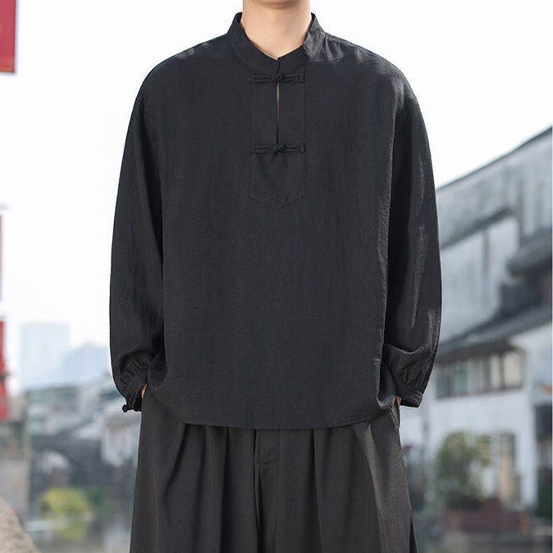 Buddha Stones2つのカエルボタン スタンドカラー 長袖 メンズ コットンシャツ - image 5
