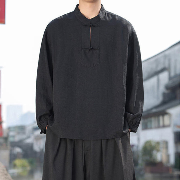 Buddha Stones2つのカエルボタン スタンドカラー 長袖 メンズ コットンシャツ - image 5