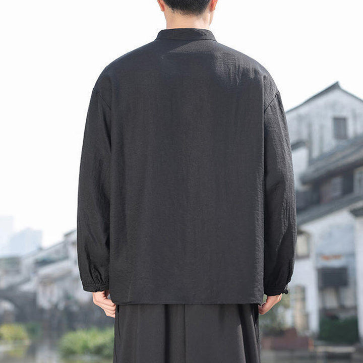 Buddha Stones2つのカエルボタン スタンドカラー 長袖 メンズ コットンシャツ - image 3