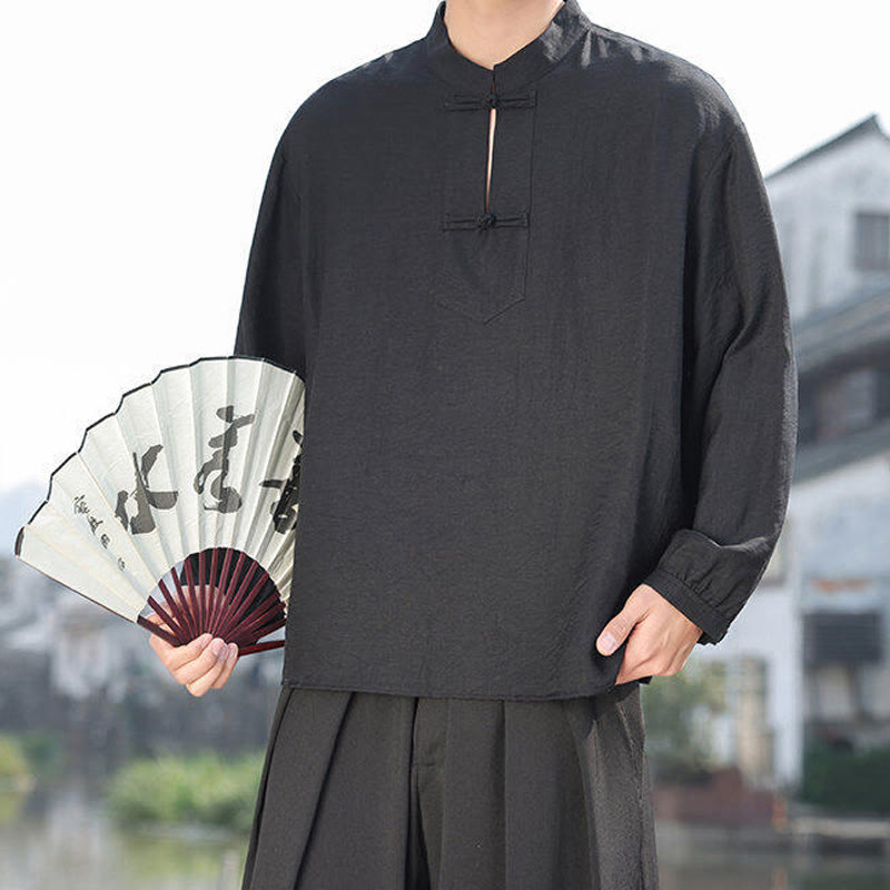 Buddha Stones2つのカエルボタン スタンドカラー 長袖 メンズ コットンシャツ - image 10