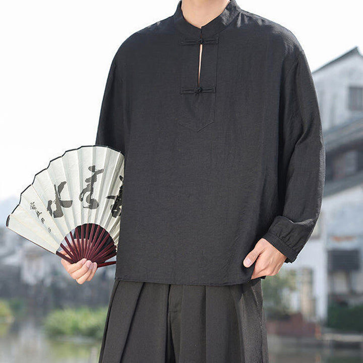 Buddha Stones2つのカエルボタン スタンドカラー 長袖 メンズ コットンシャツ - image 10